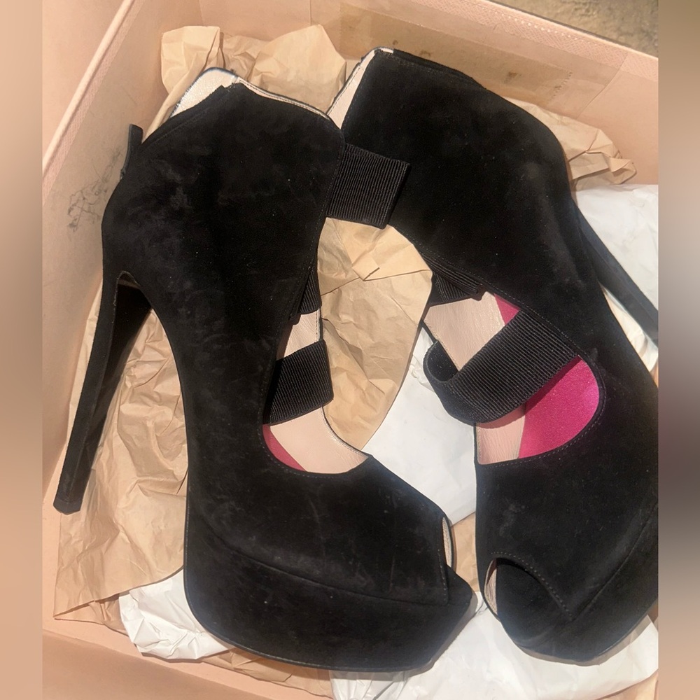 Prada Peep Toe Black Velvet Sandals